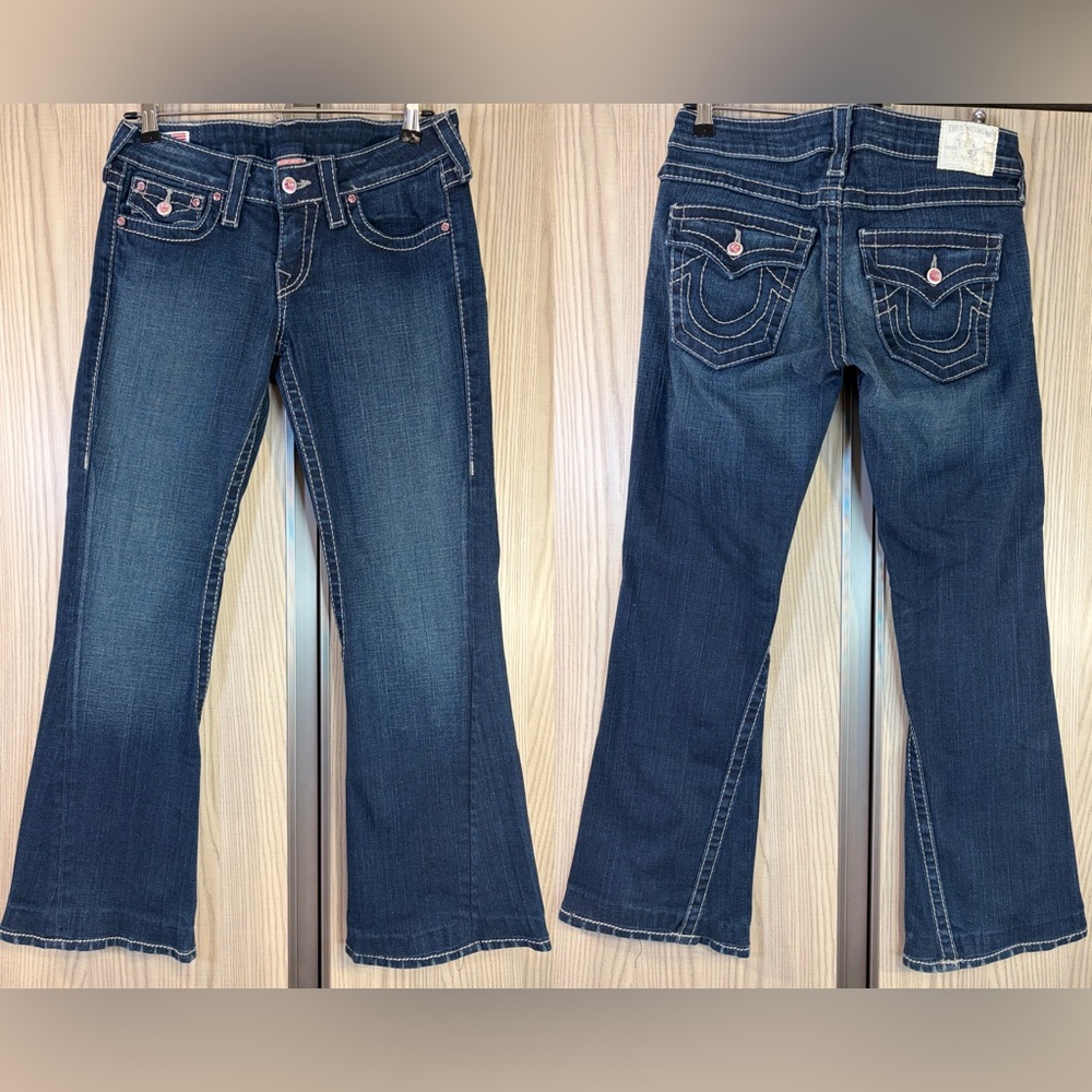 True Religion ‘Disco Joey’ Wide Legs ~ in Blue Wash w/ Pink Crystal Buttons ~ 28